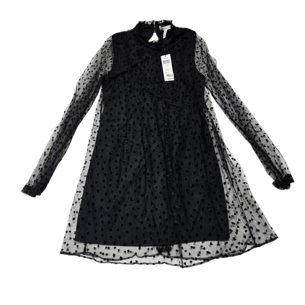 NEW BCBG Generation Black Heart Mesh Mock Neck Long Sleeve Dress XS NWT‎
